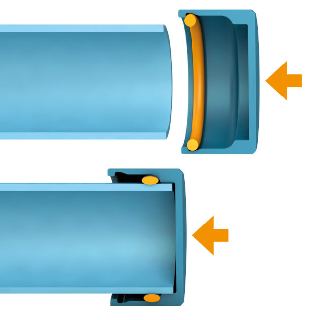 Zwei animierte Zeichnungen von Rohr und Baustellenkappe mit dem Ring. Der Ring erleichtert das Aufstülpen auf das Rohr. Im aufgesetzten Zustand schließt der Dichtungsring das Rohr verlässlich gegen Schmutz und Feuchtigkeit.